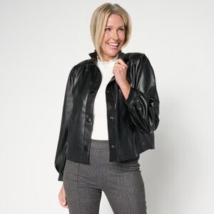 C Wonder Faux Leather Puff Sleeve Cropped Jacket